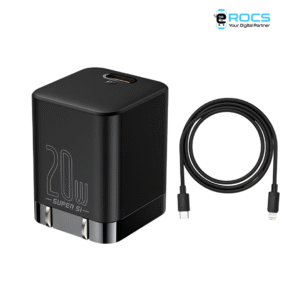 Baseus Super Si Pro 20W Charger with Type-C to Lightning Cable – Fast & Safe Charging, Foldable Pins, Black